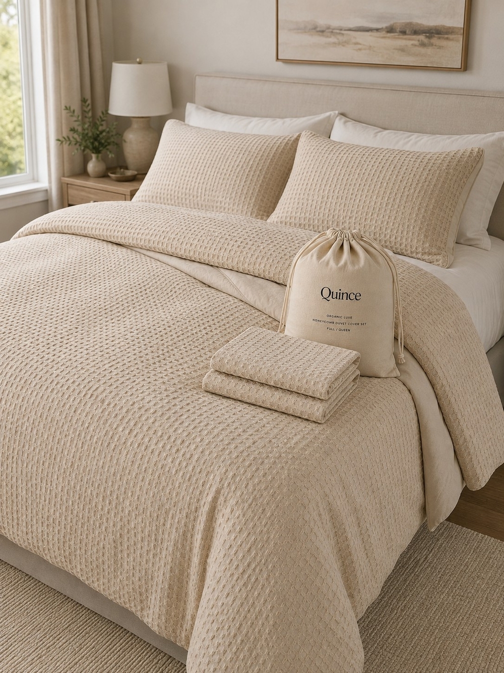 NWT Quince Organic Luxe Honeycomb Duvet Set Sand Full Queen